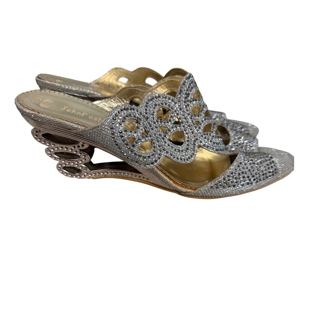 JohnFashion Womens Silver Rhinestone Sculpted Wedge Sandals Peep Toe 11
